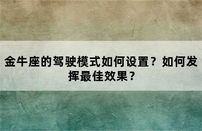 金牛座的驾驶模式如何设置？如何发挥最佳效果？